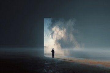 Obraz premium Man standing by portal opening to cloudy sky, copy space