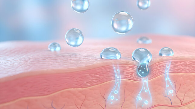 Hyaluronic acid molecules penetrating skin layers. Intense hydration and deep absorption process. Scientific skincare lab illustration.