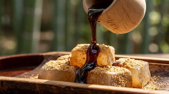 Pouring dark syrup over Japanese warabimochi sweets with kinako powder.