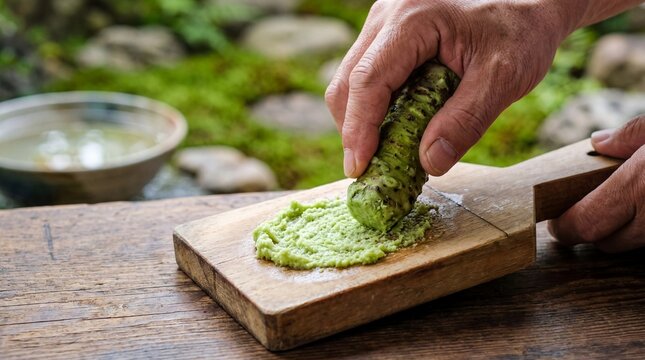 Chef grating fresh wasabi root on a traditional wooden grater for authentic sushi
