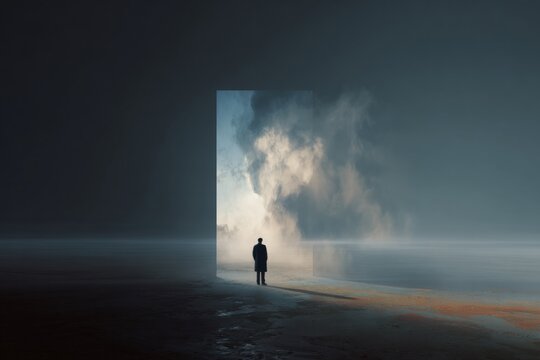 Man standing by portal opening to cloudy sky,  copy space