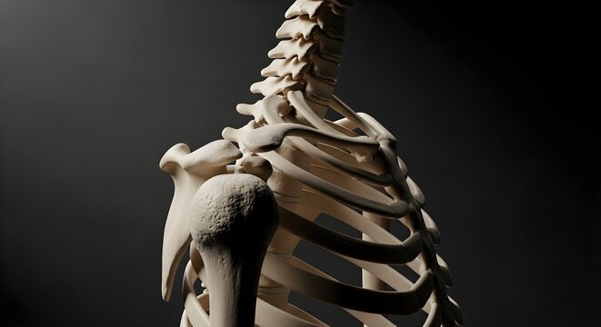 human skeleton model, ribcage and spine, anatomical study