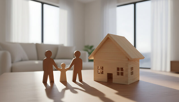 Wooden family cutouts stand beside a tiny house symbolizing home. Cozy Home & Family Sanctuary