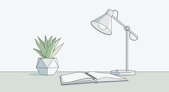 A minimalist desk setup with a potted plant an open notebook and a desk lamp on a light green surface against a, Generative AI.