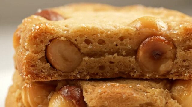 Macadamia shortbread cookies close-up with buttery crumb texture slow motion rotation