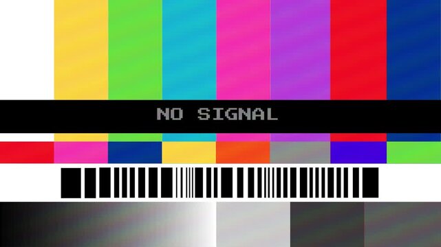 Retro TV screen displaying 'no signal' with vivid color bars and a classic broadcast test pattern