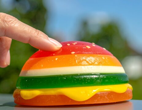Delightful macro dessert photography capturing a human finger pressing into a soft rainbow jelly dome.