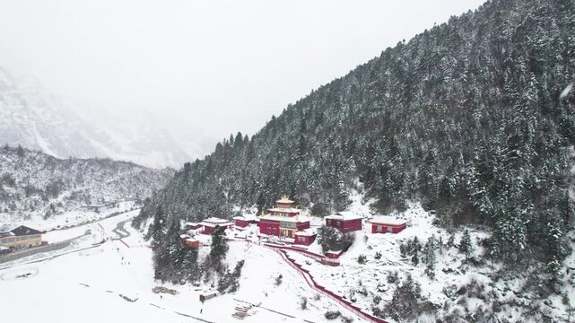 Drone view of Galong temple (Galongsi) in snowing day, red temple wall with golden rooftop in white snow mountain in Bomi County, Nyingchi, Tibet, China. 4k real time footage, travel concept.