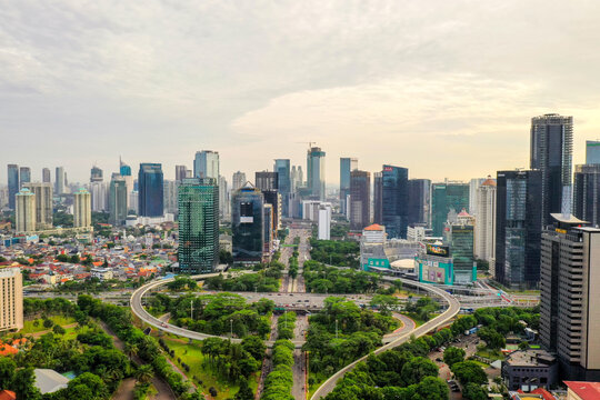 Aerial View of Semanggi Interchange and Jakarta Cityscape at Sunset