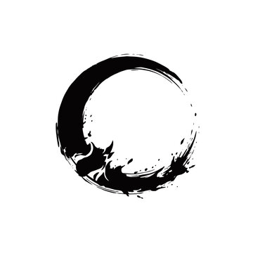 A black ink brush stroke forming an incomplete circle on a white background.