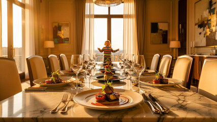 Fototapeta premium This meticulously arranged luxurious dining table, prepared for a sophisticated gourmet experience, showcases exquisite culinary artistry with perfectly plated dishes, gleaming silverware, sparkling
