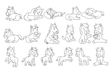 Obraz premium Set of doodles horse animal different gesture and activity. horse character