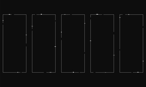 Hand-drawn minimalist digital glitch frame set featuring white geometric rectangle outlines on a dark illustration