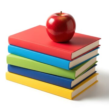 Stack of colorful books with a red apple on top.