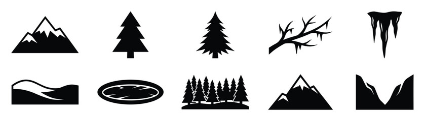 Obraz premium Collection of black nature and winter silhouettes featuring mountains, trees, icicles, and diverse landscapes, perfect for creating outdoor adventure themed graphics and seasonal projects