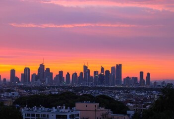 Fototapeta premium City skyline and skyscrapers silhouetted against a pink sunset