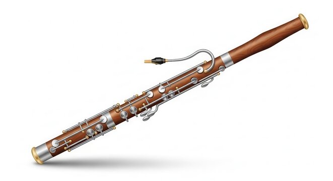 Elegant woodwind bassoon instrument with detailed keys and a rich wooden finish on a pristine