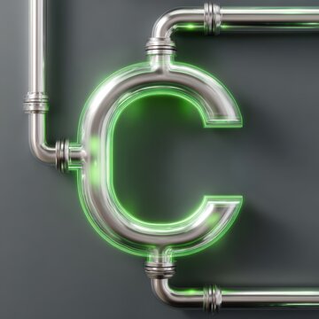Letter C Plumbing Art: A futuristic fusion of industrial design and the alphabet. A gleaming, metallic letter C is intricately crafted from pipes, illuminated with a vibrant neon glow.