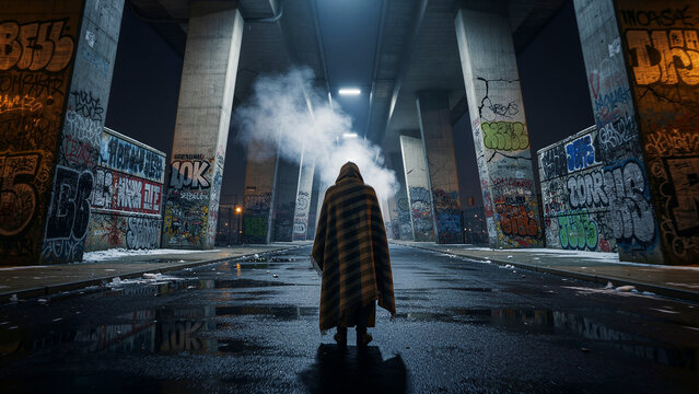 A mysterious figure standing in silence wears a heavy striped woolen poncho while emitting a thick cloud of white smoke from their covered head to create a moody and cinematic aesthetic for this
