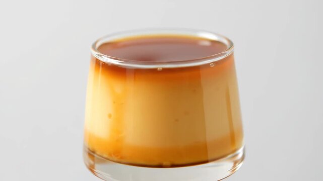 Close-up of creamy caramel custard pudding or flan served in a small glass dessert cup against a minimalist white background