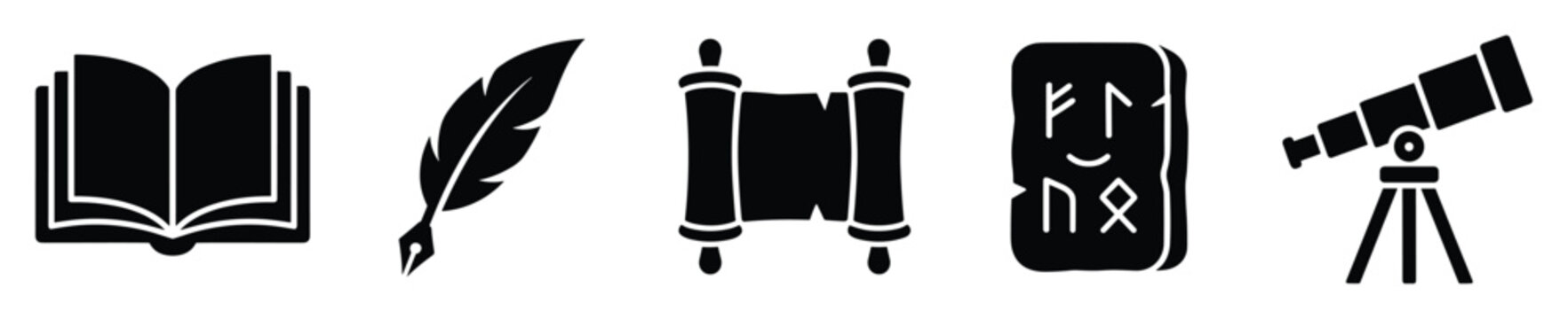 Collection of ancient historical knowledge symbols including open book, quill pen, scroll, rune tablet, and telescope representing learning, education, and discovery for academic and