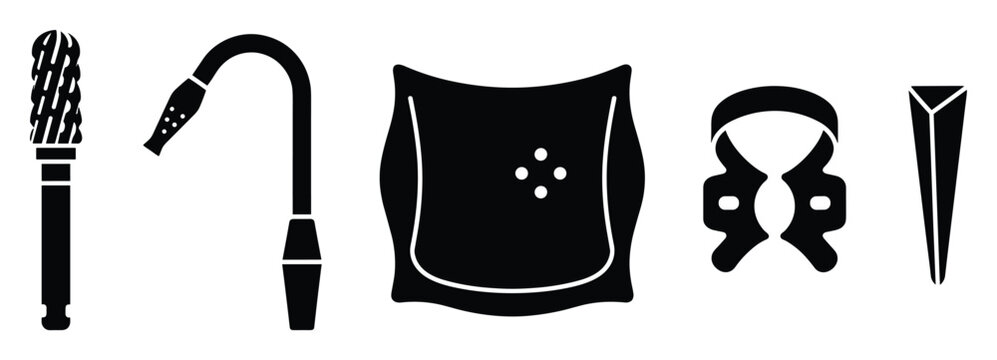 A comprehensive set of essential dental instruments and tools including a bur, saliva ejector, rubber dam, clamp, and wedge, depicted as black silhouettes for use in educational resources,