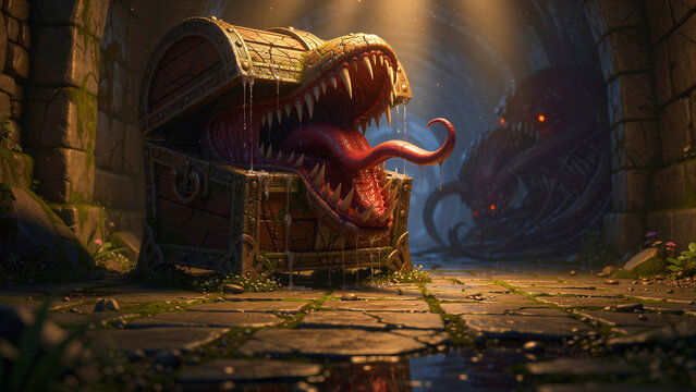 A dangerous wooden mimic chest with sharp teeth and a long wet tongue waiting to snap at unwary adventurers who attempt to loot its hidden contents in a fantasy dungeon setting filled with dark and
