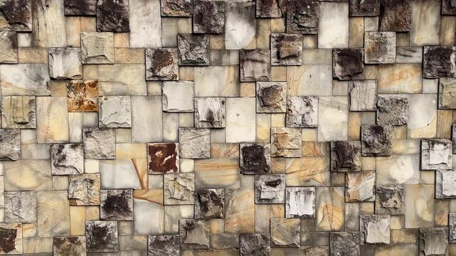 Stone tiles in warm, earthy tones form a textured mosaic wall. Natural hues range from creamy white to deep brown and gray. Each slab shows weathered edges and organic imperfections. background