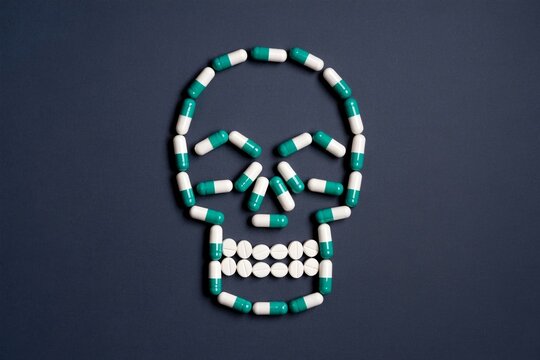 capsule pill arranged in skull shape. Drug overdose and side effect danger