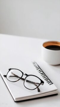 Morning coffee with notebook and glasses on table for writing and planning