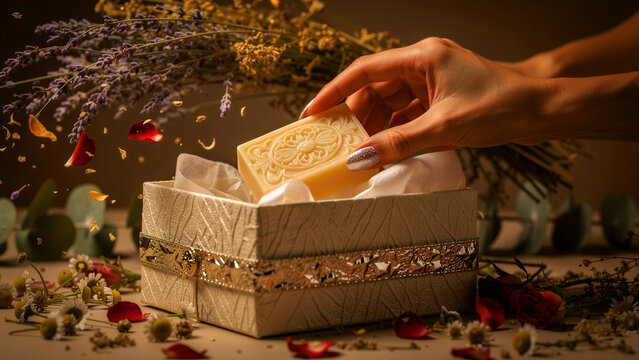 A delicate hand with polished nails carefully places an artisan soap bar with intricate floral carvings into an elegant decorative gift box as floating rose petals surround the object in a beautiful