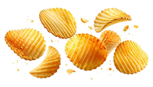Crispy ridged potato chips and crumbs float dynamically against a clean white background. Available in transparent background.