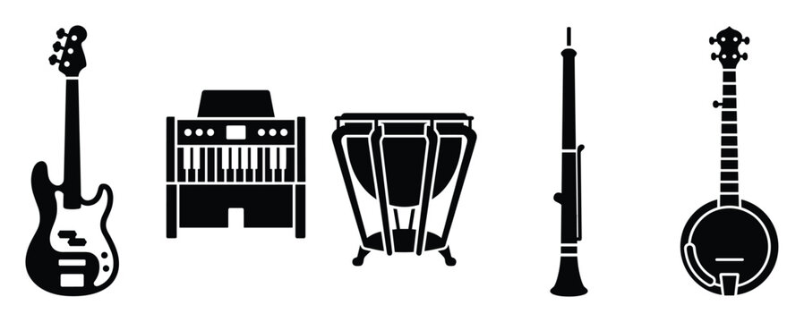 Collection of diverse musical instruments including bass guitar, keyboard synthesizer, percussion drum, woodwind oboe, and banjo for music education resources and entertainment concepts