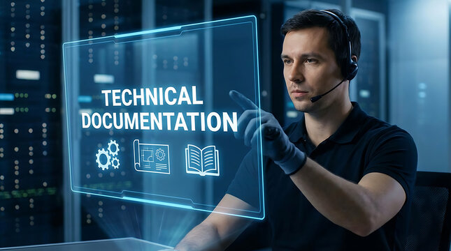 Professional technician interacting with virtual holographic interface displaying technical documentation text for digital instruction manuals and industrial process information guidelines.