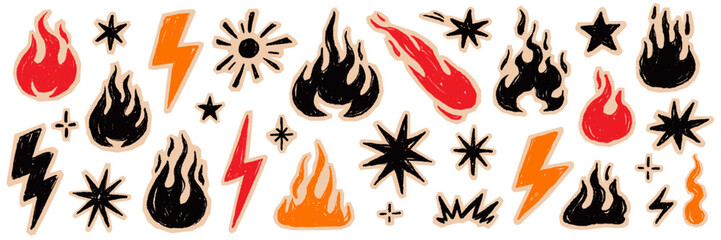 Plakat Fire flame icon doodle collage set. Hand drawn flame fire brush scribble grunge chalk texture shape graphic. Punk lightning bolt explosion energy blast sticker rock power burst. Vector illustration