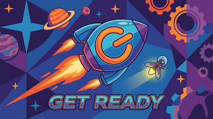 Obraz premium Creative vector illustration of a digital power button designed as a spaceship launching with fire and exhaust, symbolizing a technological startup ignition and complete readiness concept.
