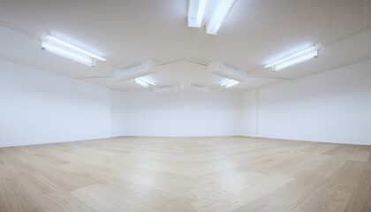Fototapeta premium Empty Bright White Room with Fluorescent Ceiling Lights and Wooden Floor Interior