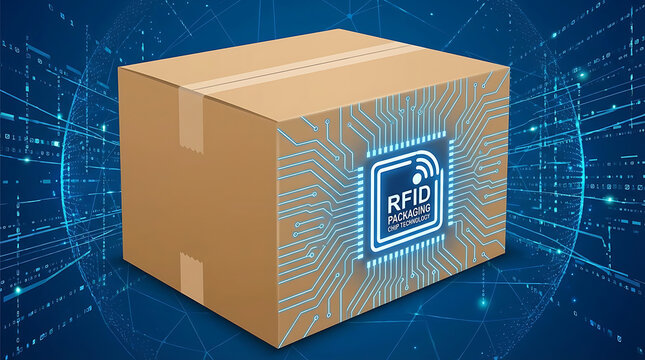 Vector illustration of a brown cardboard shipping box featuring an electronic circuit board pattern, representing RFID radio frequency identification chip technology for smart logistics and tracking.