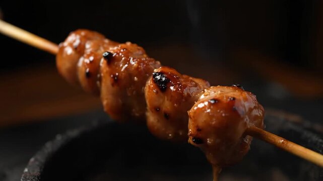 Close-up of glossy grilled yakitori meatballs (tsukune) on a skewer over a dark charcoal grill, showcasing the savory teriyaki glaze.