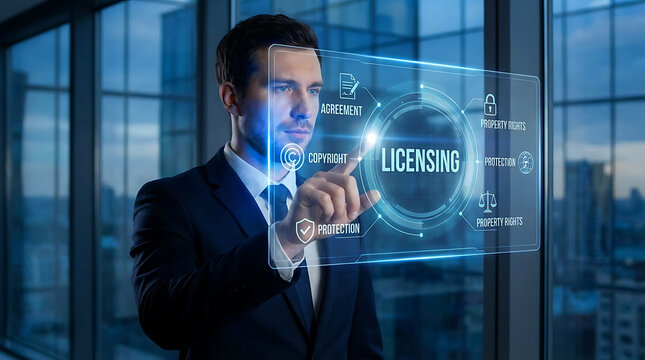 Professional entrepreneur interacting with a digital futuristic screen displaying licensing text for copyright agreement protection and legal intellectual property management concept.