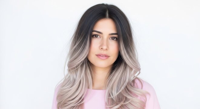 Stunning woman with ombre hair and a pink top.
