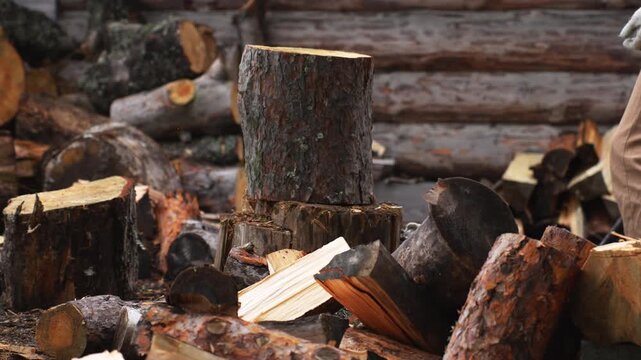 Close up of chopping wood with an axe against a log wall background. Slow motion 4K ProRes 422 manual labor.