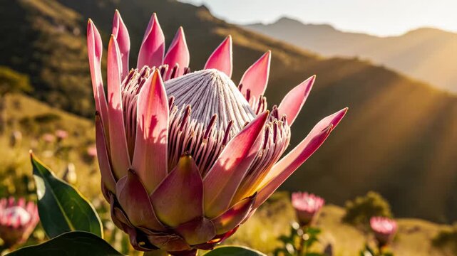 King Protea Flower Blooming in Cape Mountains at Golden Hour 4K Video