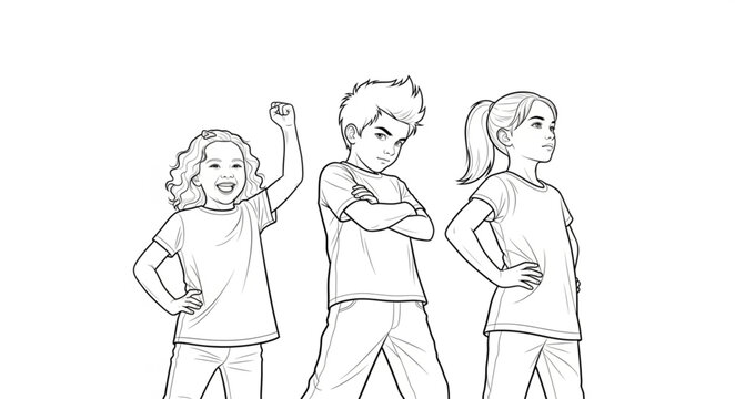 Three Children Posing Confidently with Determined Expressions.