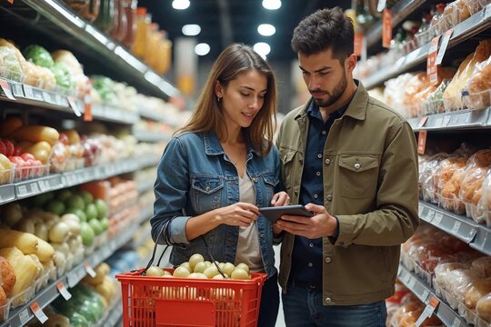 Young couple comparing grocery prices with a calculator in a supermarket aisle
