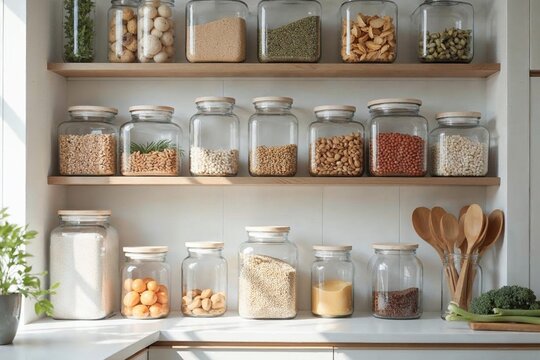 Organized pantry shelves with clear storage bins grains produce and reusable jars