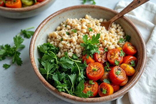 Plant-forward grain bowls with roasted vegetables greens and fresh herbs