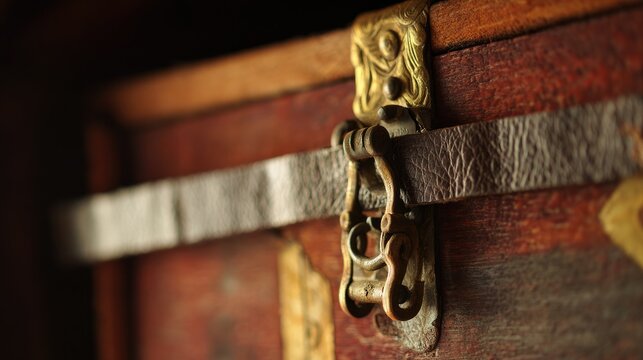 hasp. A heavy brass hasp fastened on the leather strap of an aged wooden crate. real-estate listings, architecture portfolios, designed for interior renovation comparisons for interiors.