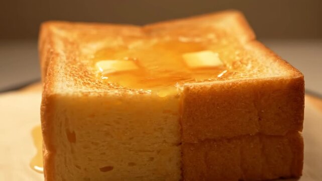 Close-up of golden honey and melting butter dripping down stacked slices of toasted white bread, ready for a sweet morning breakfast.