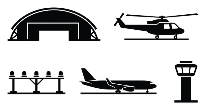A comprehensive collection of airport and aviation transportation silhouette icons, ideal for illustrating flight services, logistics, travel infographics, and aerospace industry